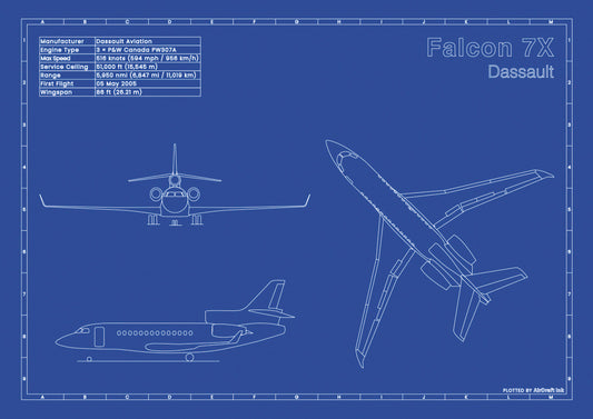 Dassault Falcon 7X technical aircraft plan drawing in blueprint style, aviation wall art poster gift for aircraft enthusiasts and pilots.