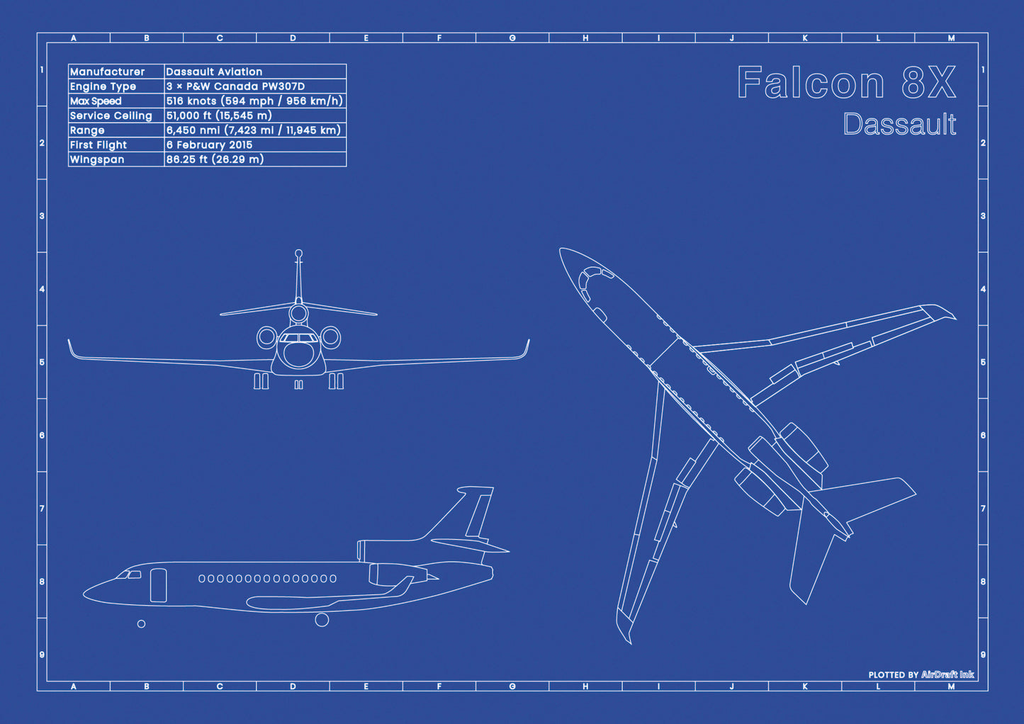 Dassault Falcon 8X technical aircraft plan drawing in blueprint style, aviation wall art poster gift for aircraft enthusiasts and pilots.
