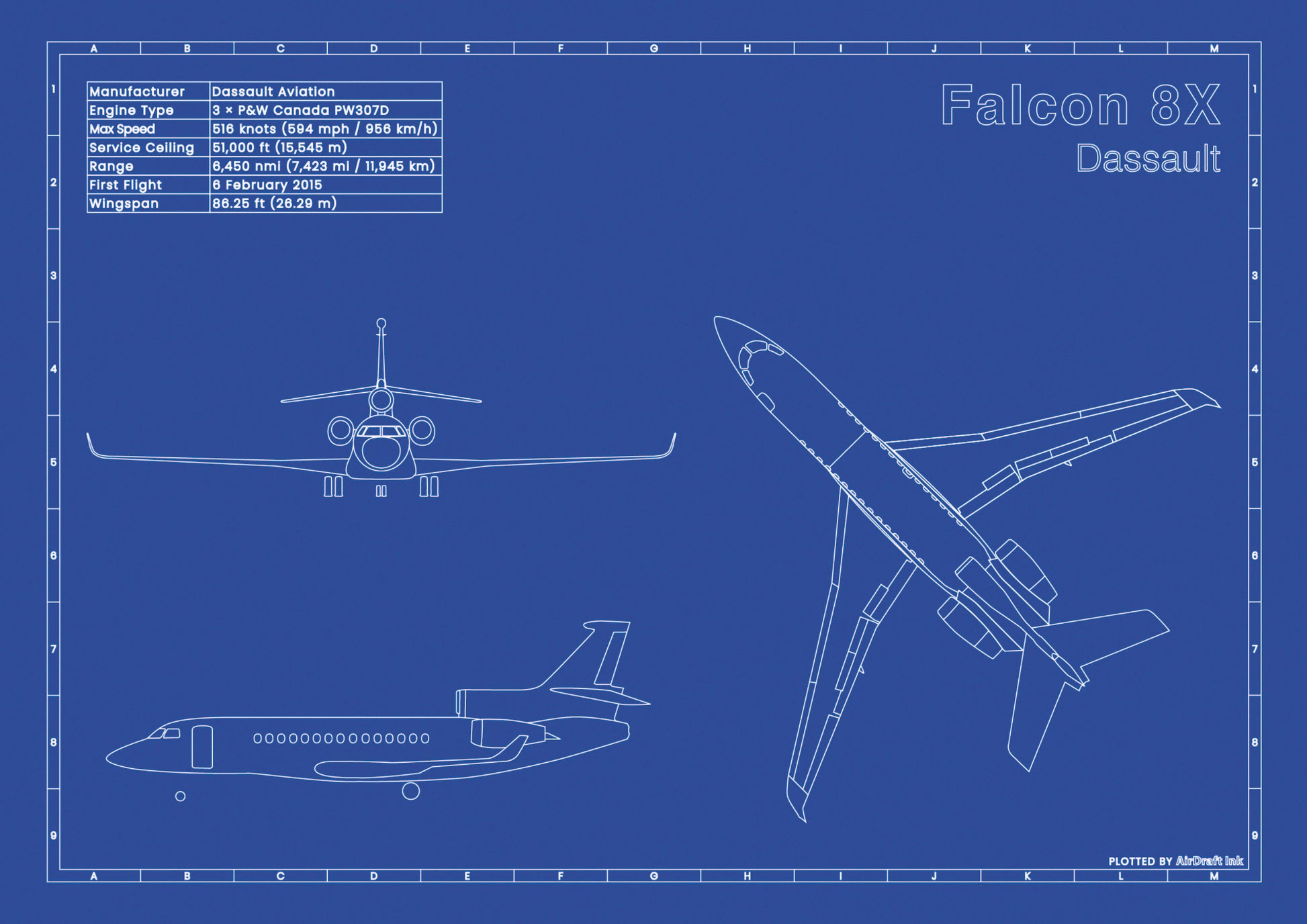 Dassault Falcon 8X technical aircraft plan drawing in blueprint style, aviation wall art poster gift for aircraft enthusiasts and pilots.