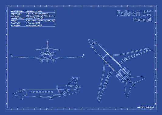 Dassault Falcon 8X technical aircraft plan drawing in blueprint style, aviation wall art poster gift for aircraft enthusiasts and pilots.