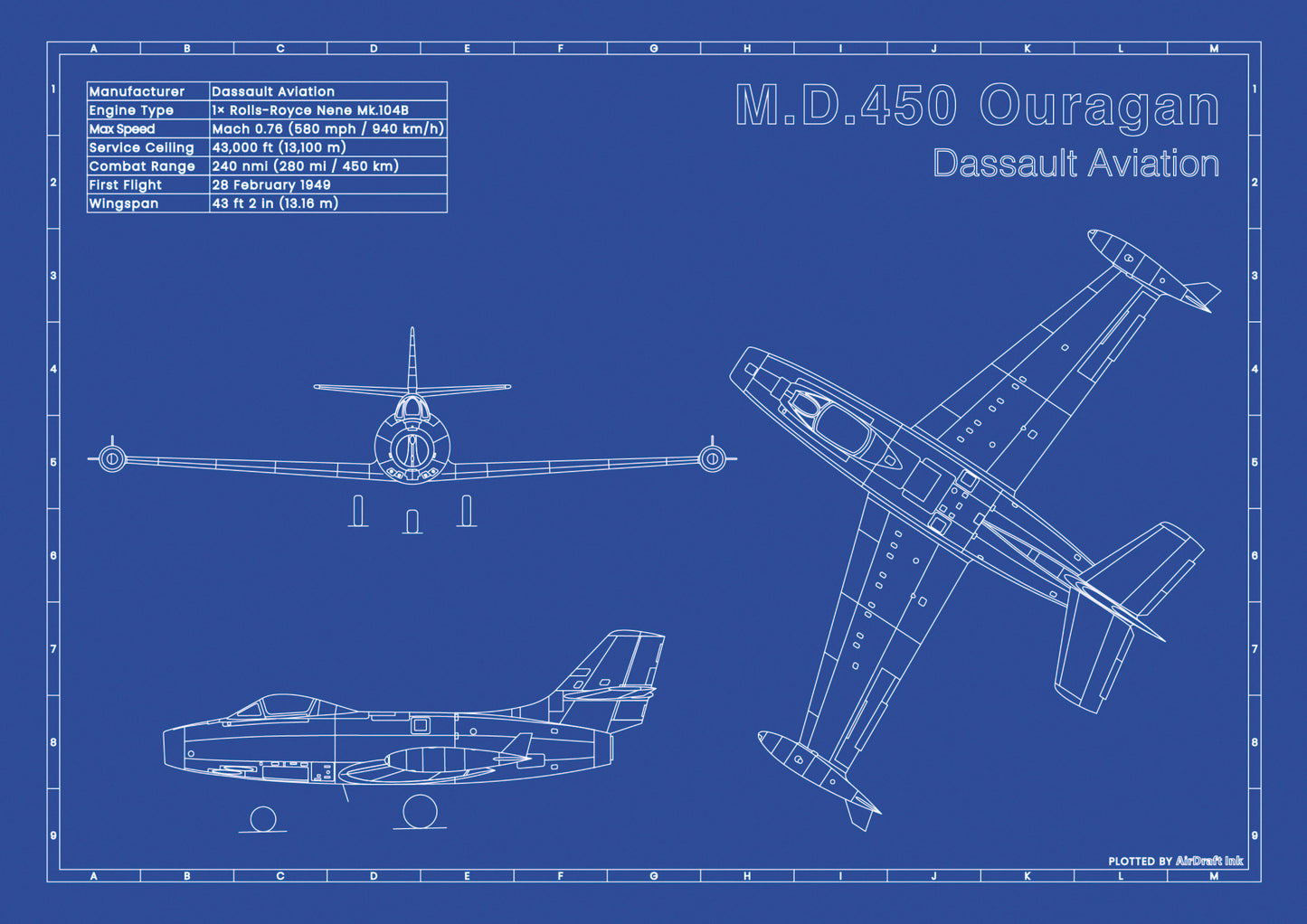 Dassault M.D.450 Ouragan technical aircraft plan drawing in blueprint style, aviation wall art poster gift for aircraft enthusiasts and pilots.