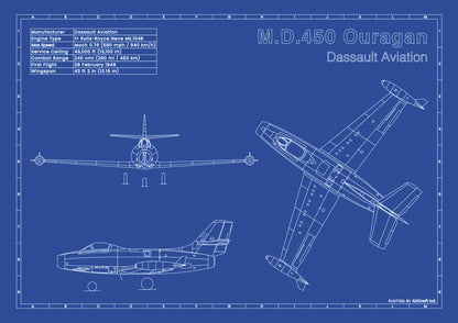 Dassault M.D.450 Ouragan technical aircraft plan drawing in blueprint style, aviation wall art poster gift for aircraft enthusiasts and pilots.