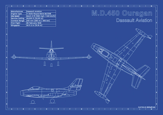 Dassault M.D.450 Ouragan technical aircraft plan drawing in blueprint style, aviation wall art poster gift for aircraft enthusiasts and pilots.