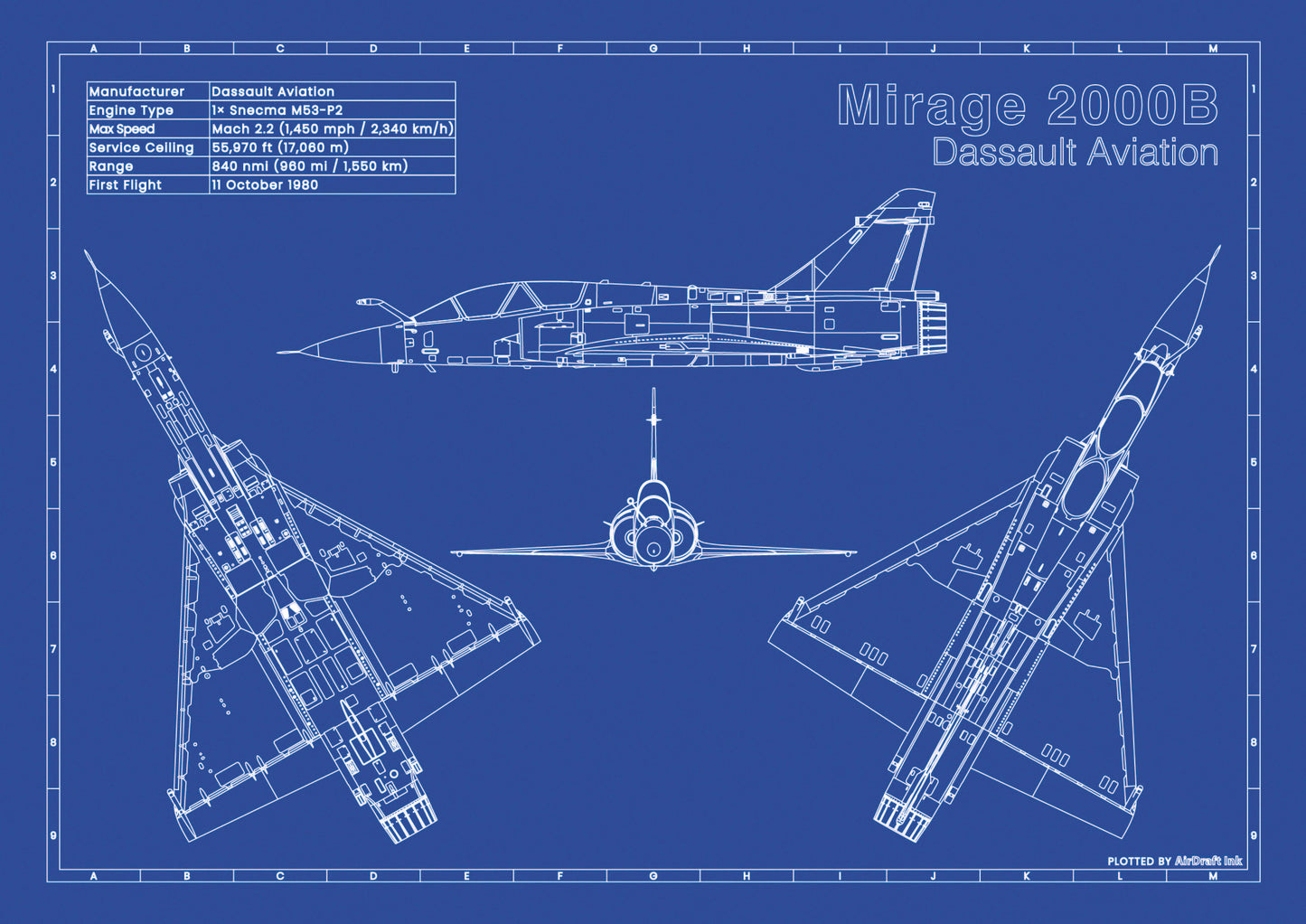 Dassault Mirage 2000B technical aircraft plan drawing in blueprint style, aviation wall art poster gift for aircraft enthusiasts and pilots.