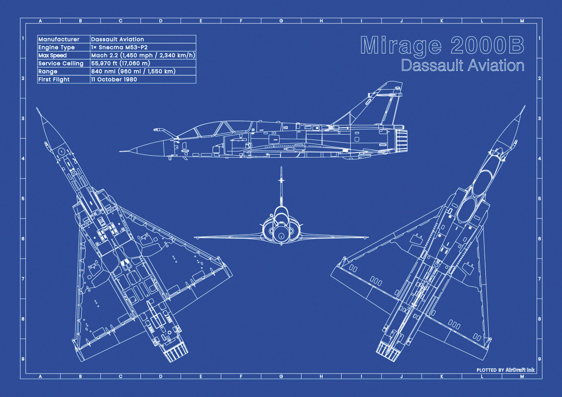 Dassault Mirage 2000B technical aircraft plan drawing in blueprint style, aviation wall art poster gift for aircraft enthusiasts and pilots.