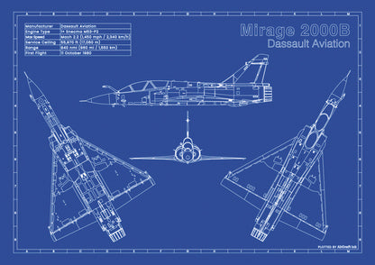 Dassault Mirage 2000B technical aircraft plan drawing in blueprint style, aviation wall art poster gift for aircraft enthusiasts and pilots.
