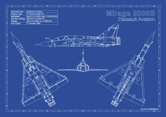 Dassault Mirage 2000B technical aircraft plan drawing in blueprint style, aviation wall art poster gift for aircraft enthusiasts and pilots.