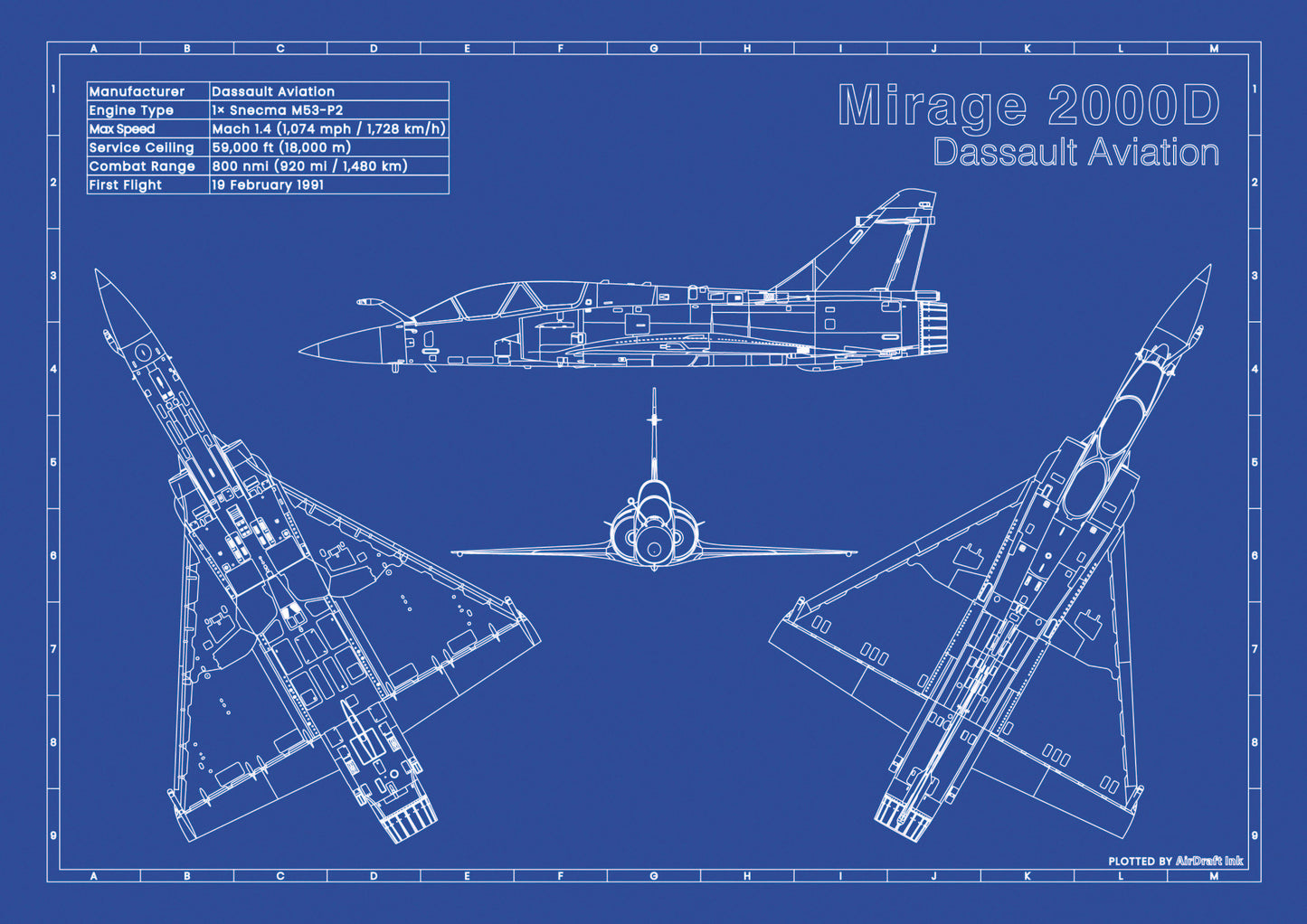 Dassault Mirage 2000D technical aircraft plan drawing in blueprint style, aviation wall art poster gift for aircraft enthusiasts and pilots.