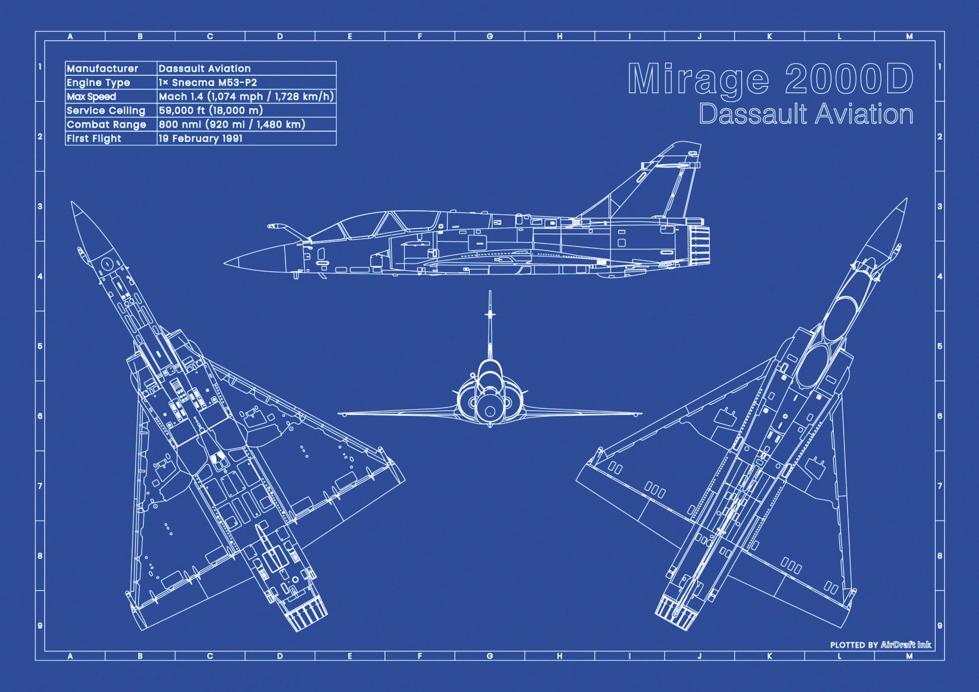 Dassault Mirage 2000D technical aircraft plan drawing in blueprint style, aviation wall art poster gift for aircraft enthusiasts and pilots.