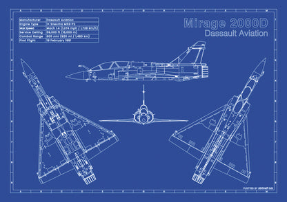 Dassault Mirage 2000D technical aircraft plan drawing in blueprint style, aviation wall art poster gift for aircraft enthusiasts and pilots.