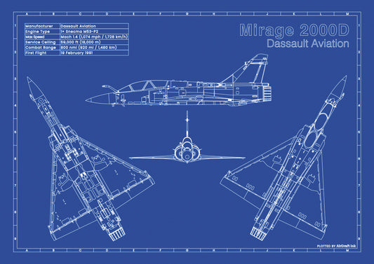 Dassault Mirage 2000D technical aircraft plan drawing in blueprint style, aviation wall art poster gift for aircraft enthusiasts and pilots.