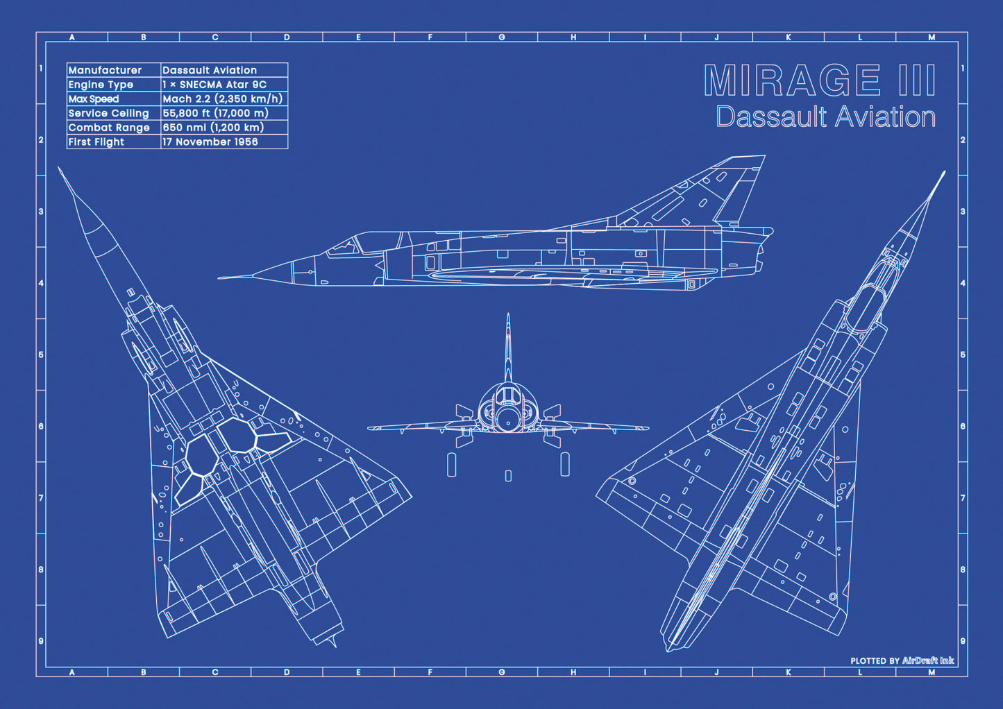Dassault Mirage 3 technical aircraft plan drawing in blueprint style, aviation wall art poster gift for aircraft enthusiasts and pilots.