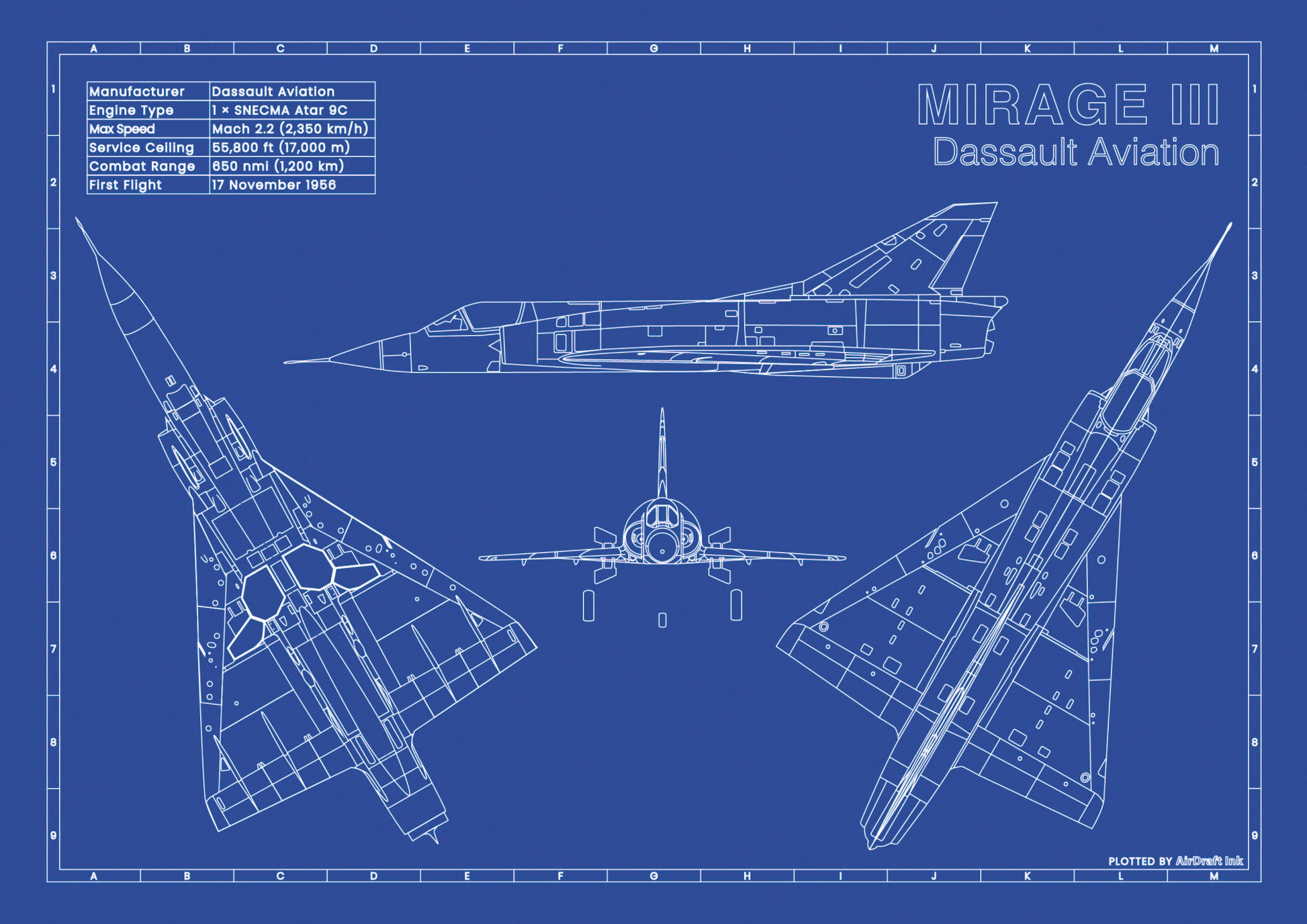 Dassault Mirage 3 technical aircraft plan drawing in blueprint style, aviation wall art poster gift for aircraft enthusiasts and pilots.