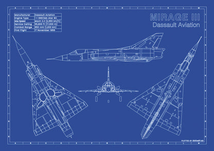 Dassault Mirage 3 technical aircraft plan drawing in blueprint style, aviation wall art poster gift for aircraft enthusiasts and pilots.