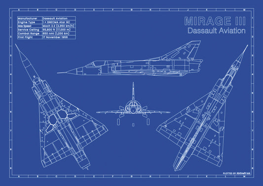 Dassault Mirage 3 technical aircraft plan drawing in blueprint style, aviation wall art poster gift for aircraft enthusiasts and pilots.