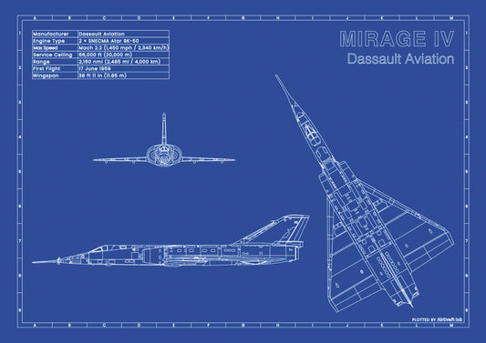 Dassault Mirage IV 3 view technical aircraft plan drawing in blueprint style, aviation wall art poster gift for aircraft enthusiasts and pilots.