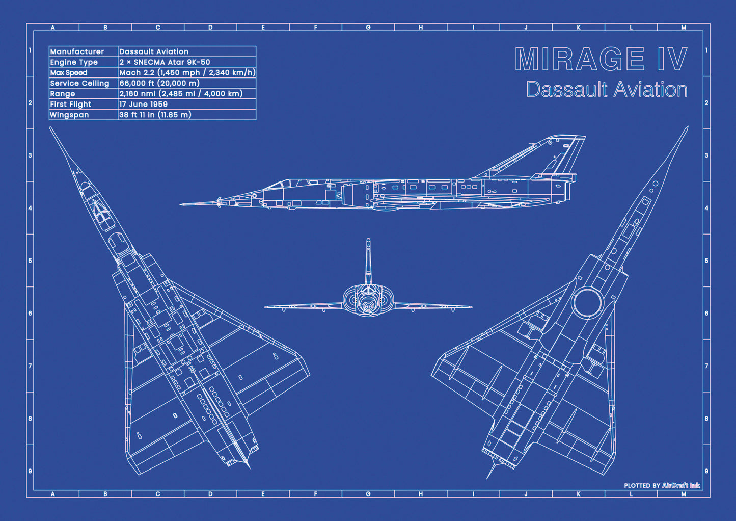 Dassault Mirage IV 4-view technical aircraft plan drawing in blueprint style, aviation wall art poster gift for aircraft enthusiasts and pilots.