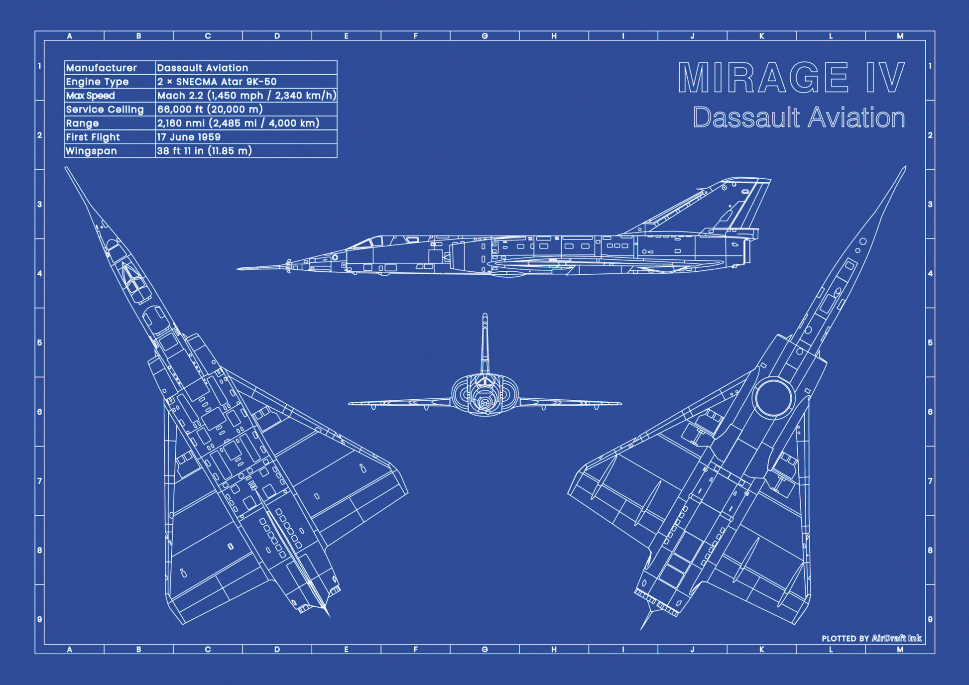Dassault Mirage IV 4-view technical aircraft plan drawing in blueprint style, aviation wall art poster gift for aircraft enthusiasts and pilots.