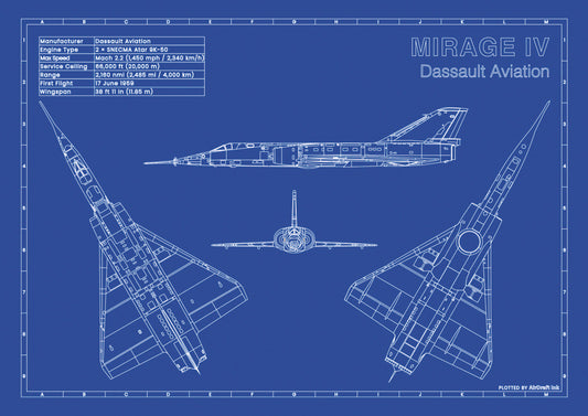 Dassault Mirage IV 4-view technical aircraft plan drawing in blueprint style, aviation wall art poster gift for aircraft enthusiasts and pilots.