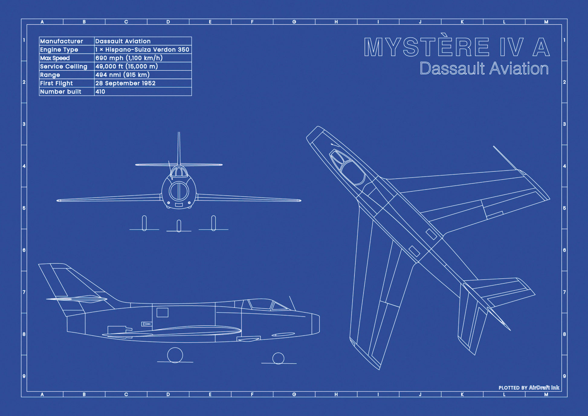 Dassault Mystère IV A technical aircraft plan drawing in blueprint style, aviation wall art poster gift for aircraft enthusiasts and pilots.