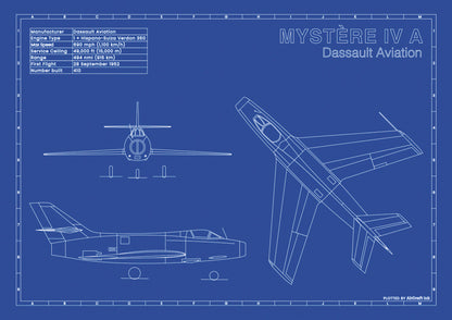 Dassault Mystère IV A technical aircraft plan drawing in blueprint style, aviation wall art poster gift for aircraft enthusiasts and pilots.