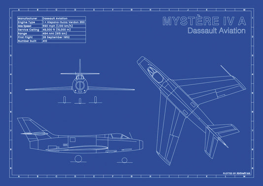 Dassault Mystère IV A technical aircraft plan drawing in blueprint style, aviation wall art poster gift for aircraft enthusiasts and pilots.