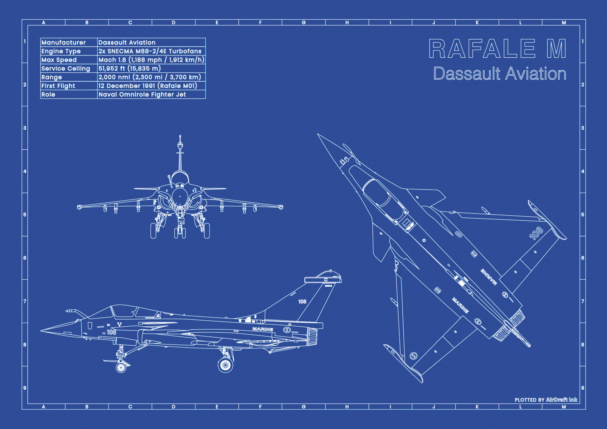 Dassault Rafale M technical aircraft plan drawing in blueprint style, aviation wall art poster gift for aircraft enthusiasts and pilots.