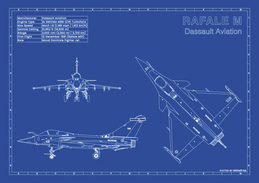 Dassault Rafale M technical aircraft plan drawing in blueprint style, aviation wall art poster gift for aircraft enthusiasts and pilots.