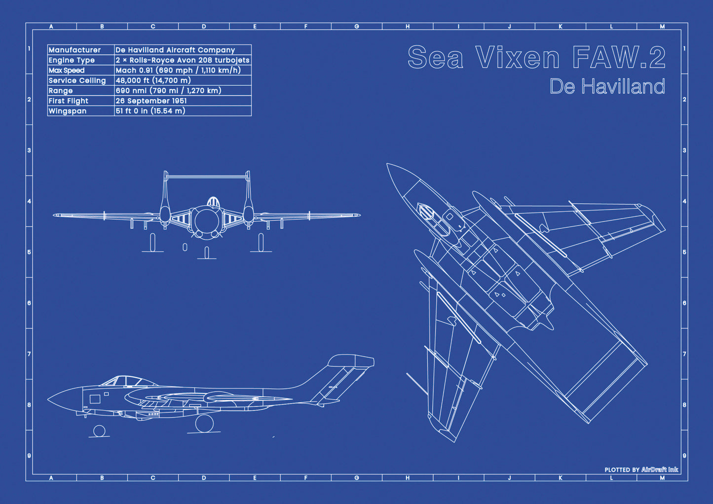 De_Havilland_Sea_Vixen_FAW2 technical aircraft plan drawing in blueprint style, aviation wall art poster gift for aircraft enthusiasts and pilots.