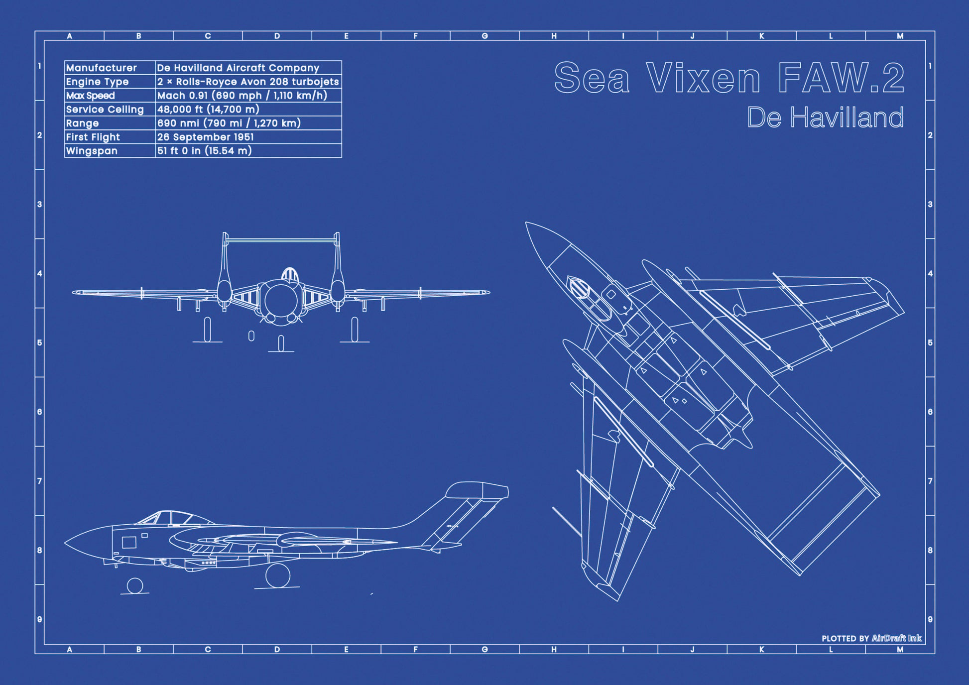 De_Havilland_Sea_Vixen_FAW2 technical aircraft plan drawing in blueprint style, aviation wall art poster gift for aircraft enthusiasts and pilots.