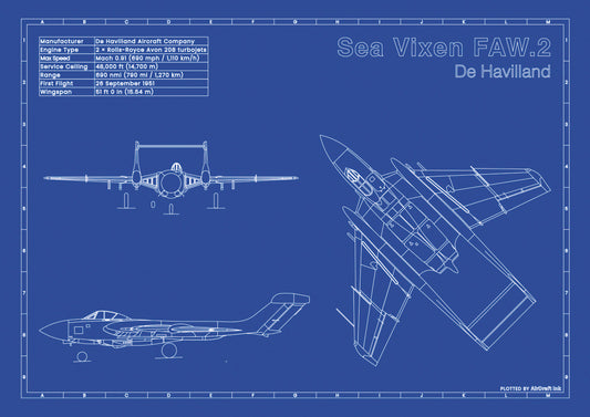 De_Havilland_Sea_Vixen_FAW2 technical aircraft plan drawing in blueprint style, aviation wall art poster gift for aircraft enthusiasts and pilots.