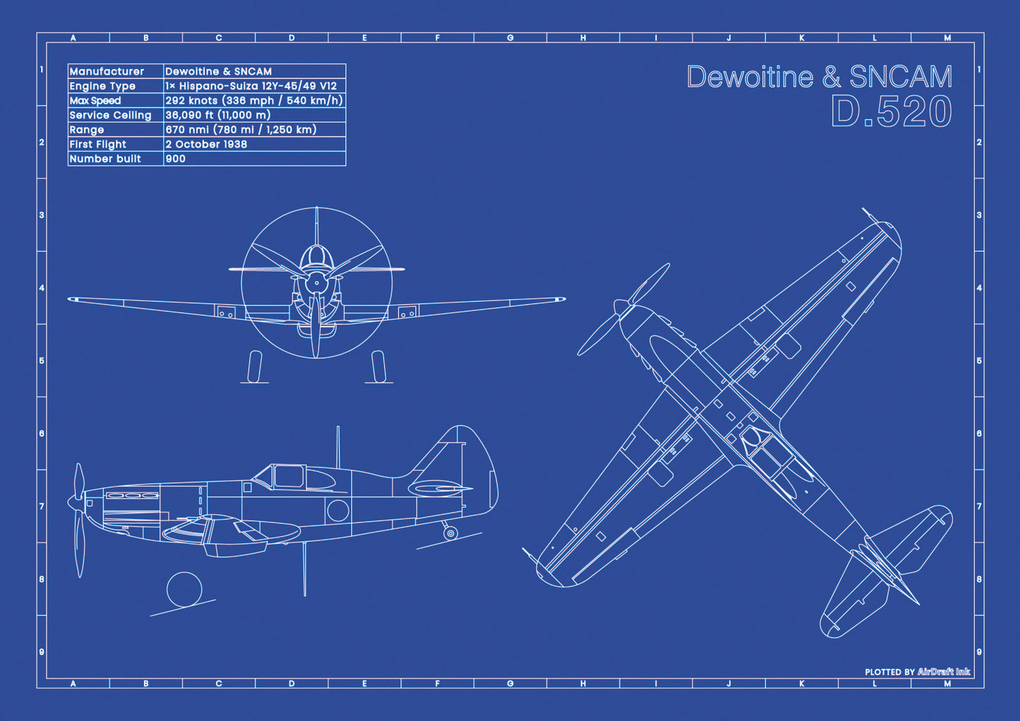 Dewitine D.520 technical aircraft plan drawing in blueprint style, aviation wall art poster gift for aircraft enthusiasts and pilots.