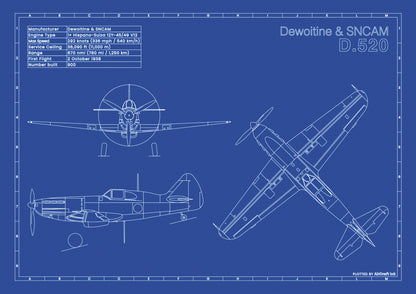 Dewitine D.520 technical aircraft plan drawing in blueprint style, aviation wall art poster gift for aircraft enthusiasts and pilots.