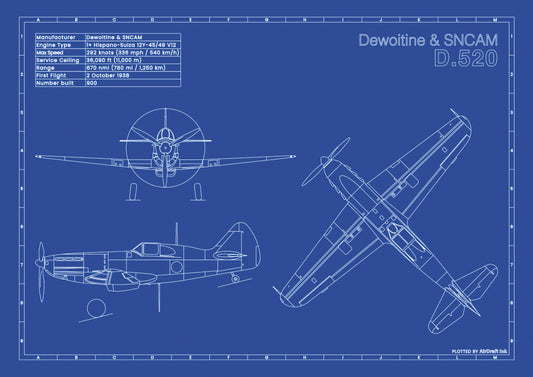 Dewitine D.520 technical aircraft plan drawing in blueprint style, aviation wall art poster gift for aircraft enthusiasts and pilots.