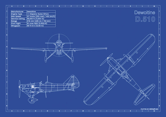 Dewoitine D.510 technical aircraft plan drawing in blueprint style, aviation wall art poster gift for aircraft enthusiasts and pilots.