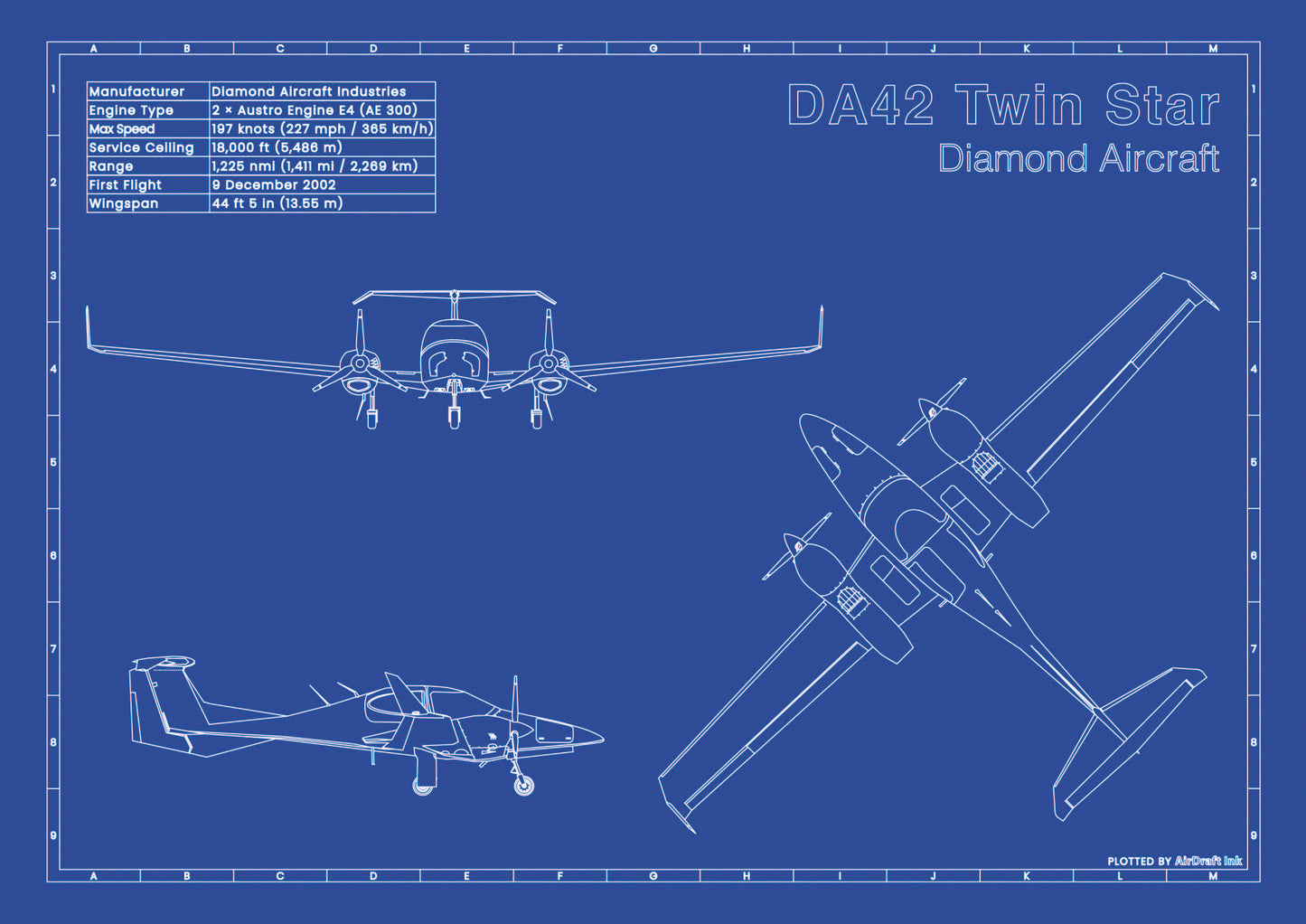 Diamond DA42 Twin Star technical aircraft plan drawing in blueprint style, aviation wall art poster gift for aircraft enthusiasts and pilots.