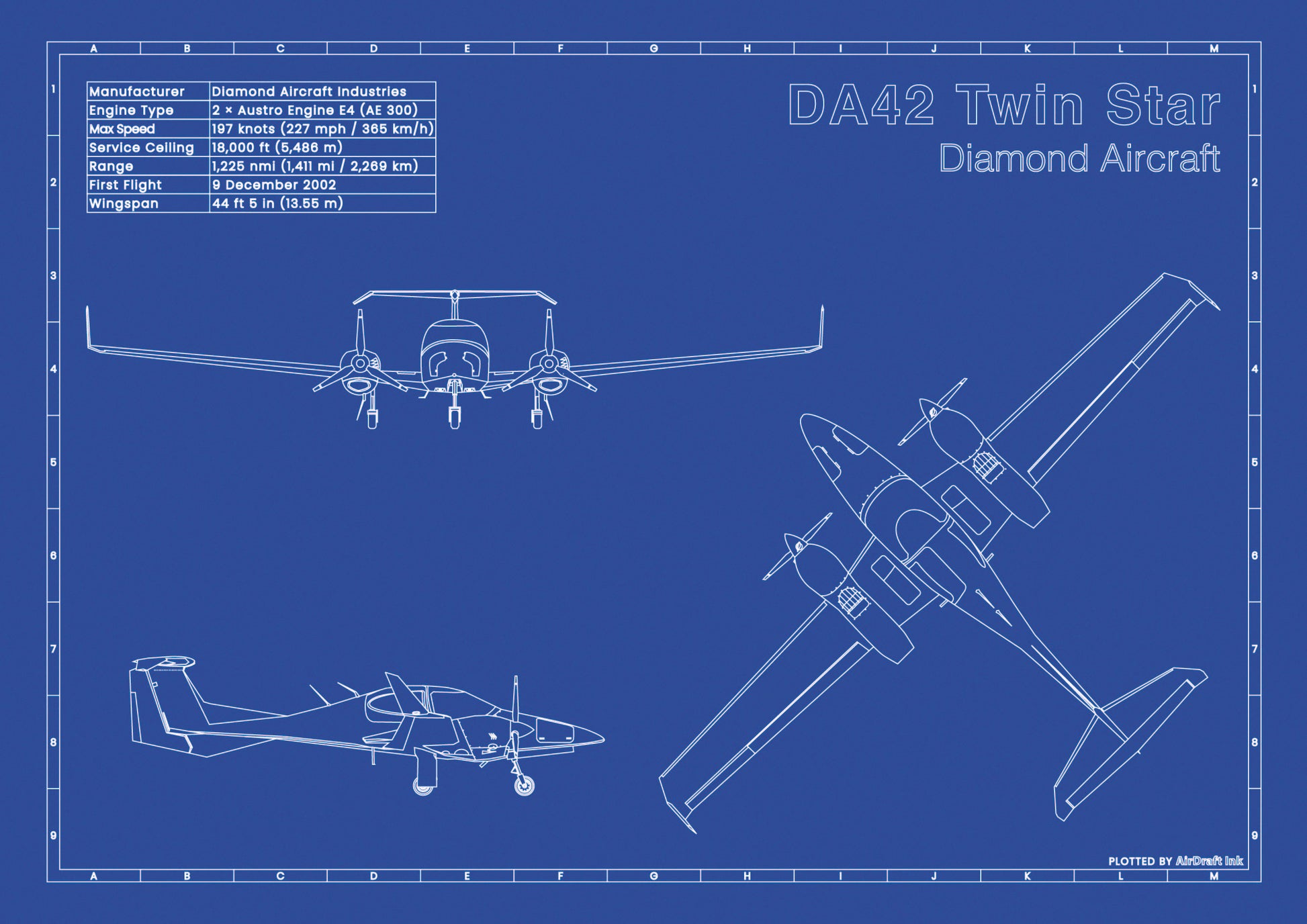 Diamond DA42 Twin Star technical aircraft plan drawing in blueprint style, aviation wall art poster gift for aircraft enthusiasts and pilots.
