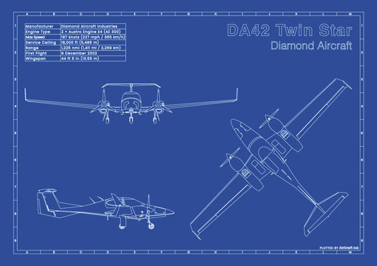 Diamond DA42 Twin Star technical aircraft plan drawing in blueprint style, aviation wall art poster gift for aircraft enthusiasts and pilots.
