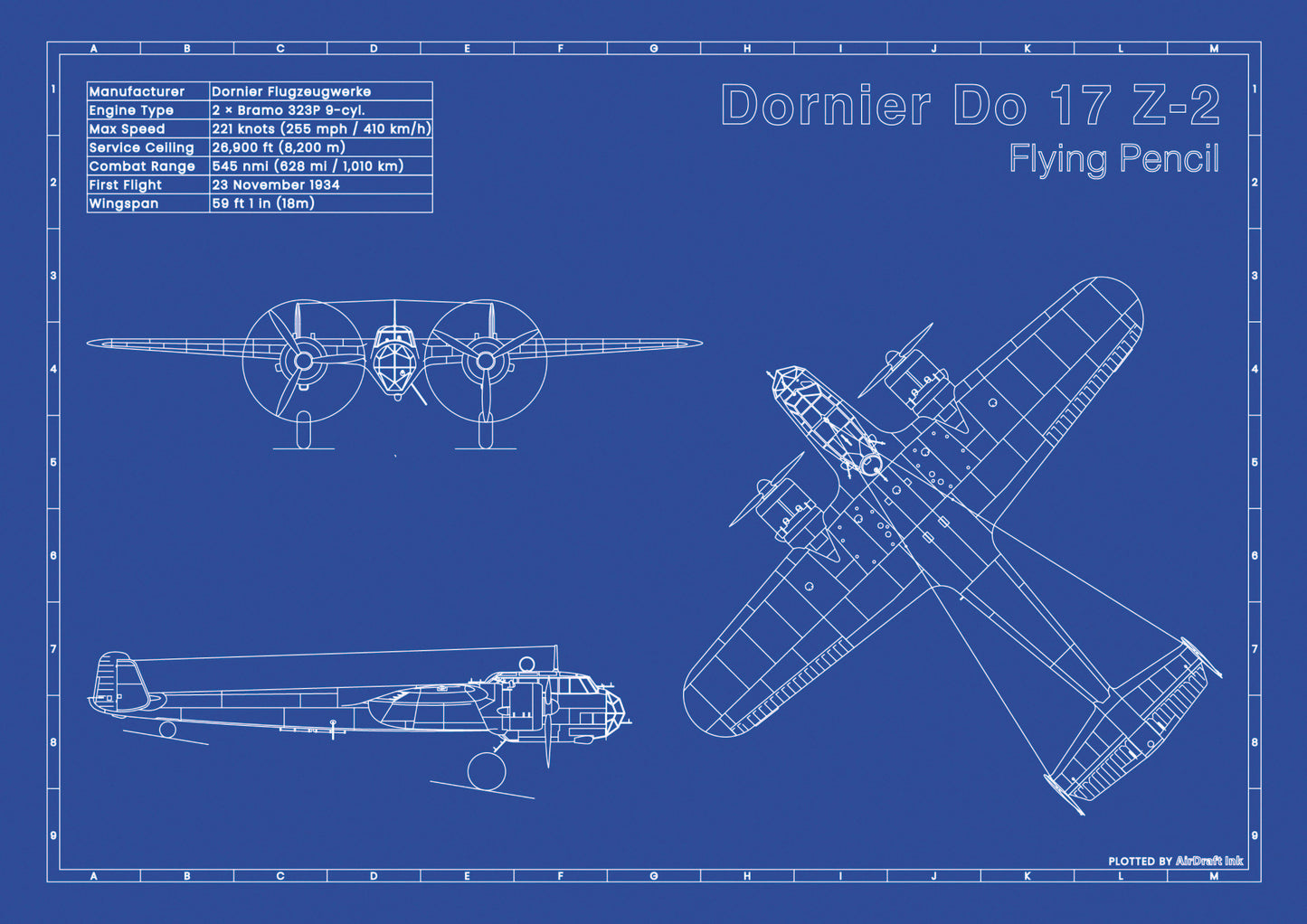 DornierDo 17 Z-2 technical aircraft plan drawing in blueprint style, aviation wall art poster gift for aircraft enthusiasts and pilots.