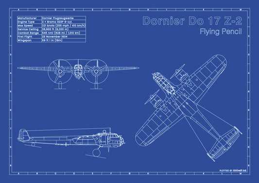 DornierDo 17 Z-2 technical aircraft plan drawing in blueprint style, aviation wall art poster gift for aircraft enthusiasts and pilots.