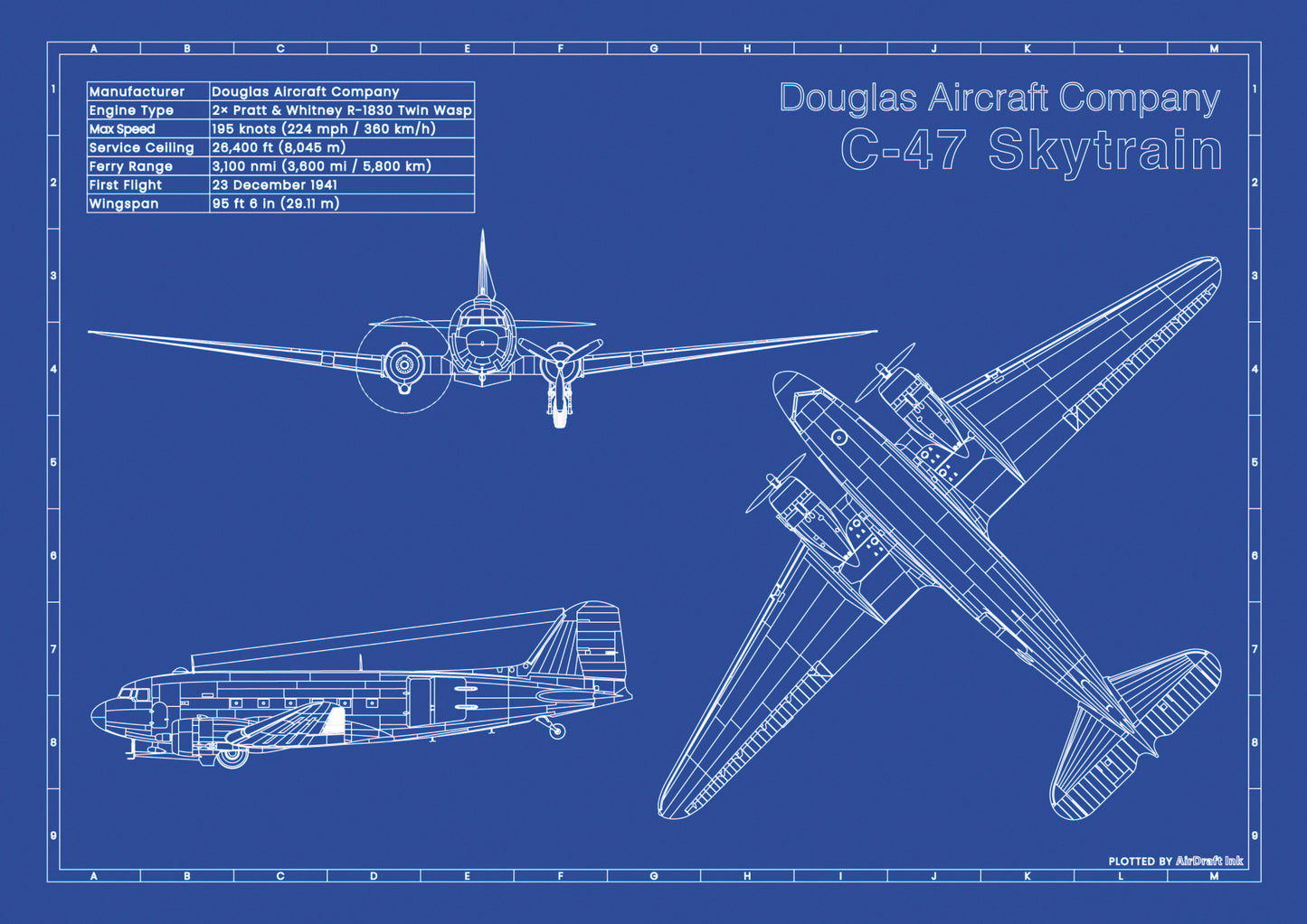 Douglas C47 Skytrain technical aircraft plan drawing in blueprint style, aviation wall art poster gift for aircraft enthusiasts and pilots.