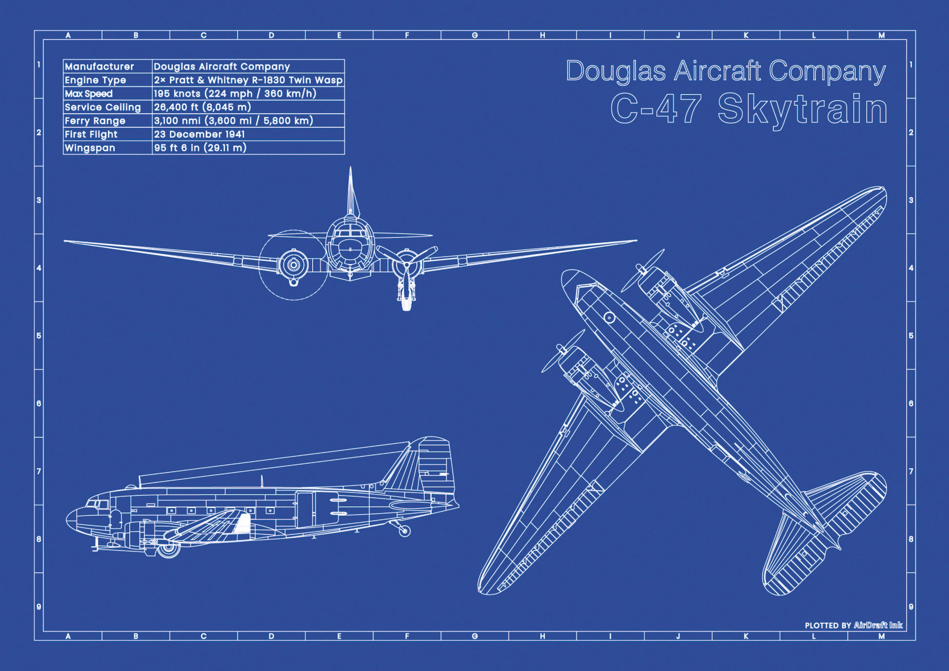 Douglas C47 Skytrain technical aircraft plan drawing in blueprint style, aviation wall art poster gift for aircraft enthusiasts and pilots.