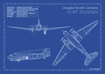 Douglas C47 Skytrain technical aircraft plan drawing in blueprint style, aviation wall art poster gift for aircraft enthusiasts and pilots.