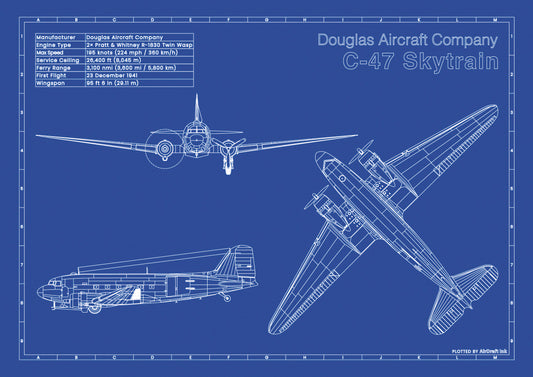 Douglas C47 Skytrain technical aircraft plan drawing in blueprint style, aviation wall art poster gift for aircraft enthusiasts and pilots.
