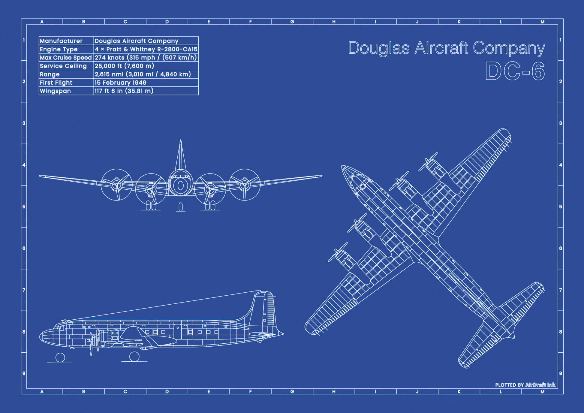 Douglas DC-6-technical aircraft plan drawing in blueprint style, aviation wall art poster gift for aircraft enthusiasts and pilots.