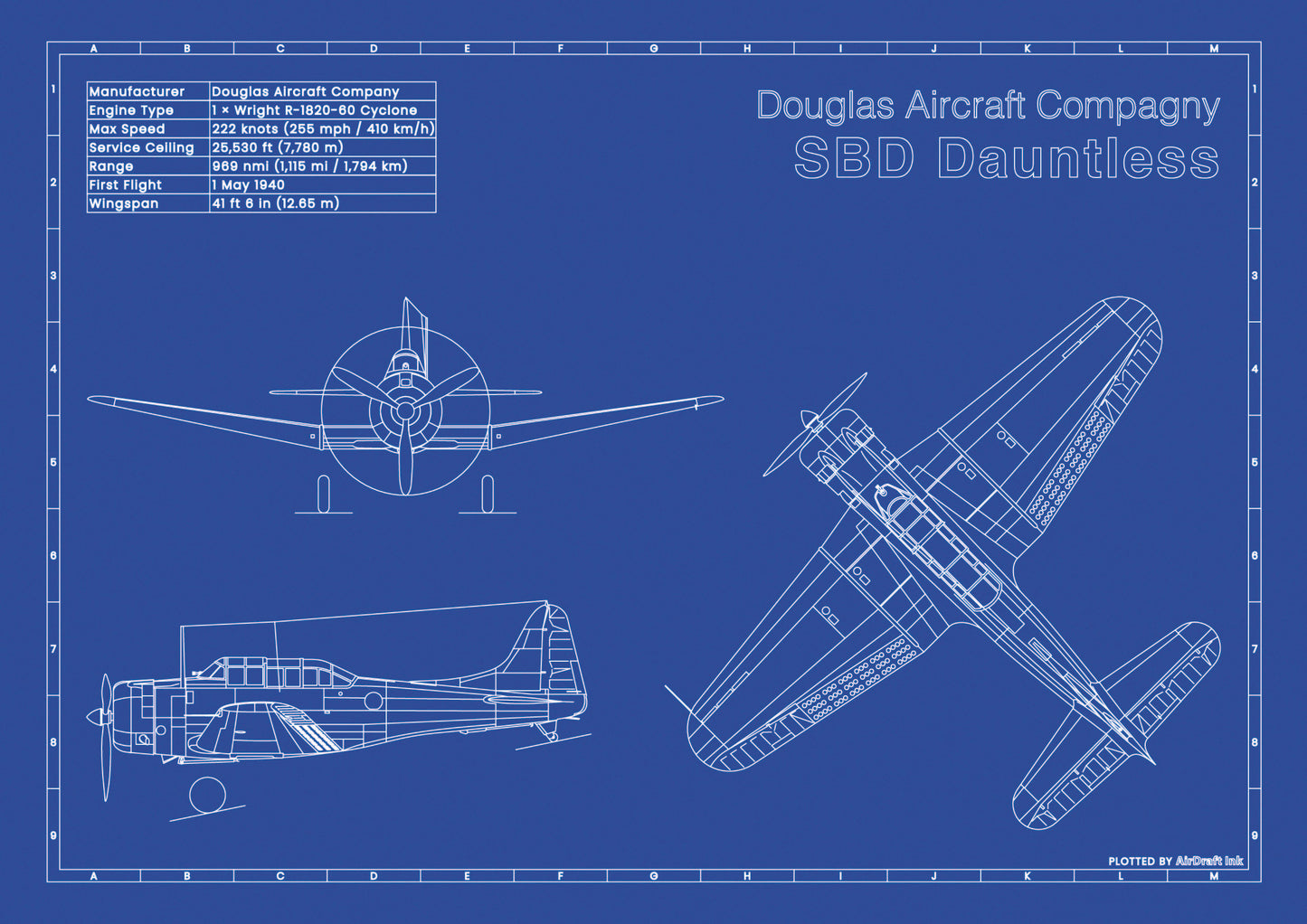 Douglas SBD Dauntless Piper technical aircraft plan drawing in blueprint style, aviation wall art poster gift for aircraft enthusiasts and pilots.