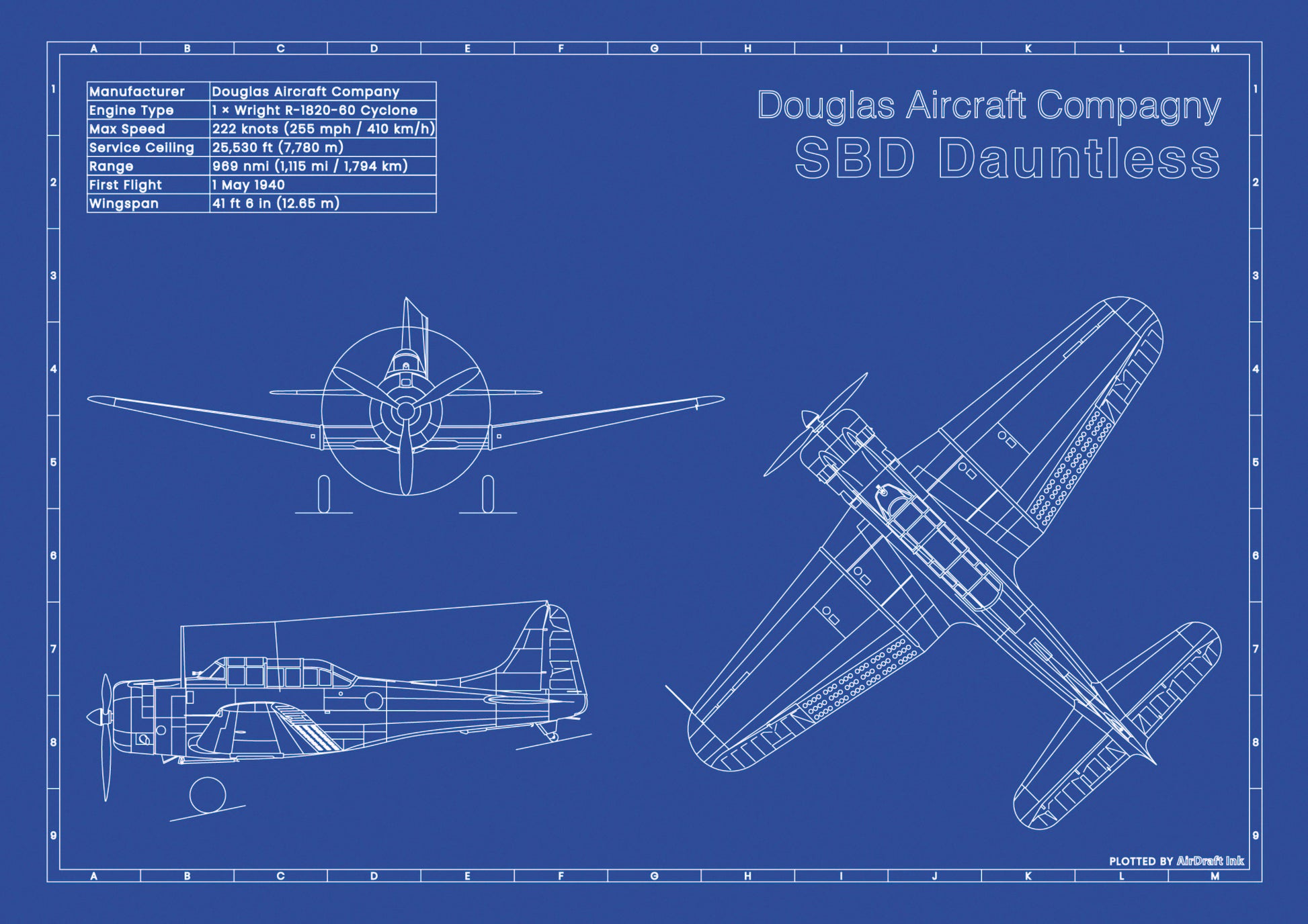 Douglas SBD Dauntless Piper technical aircraft plan drawing in blueprint style, aviation wall art poster gift for aircraft enthusiasts and pilots.