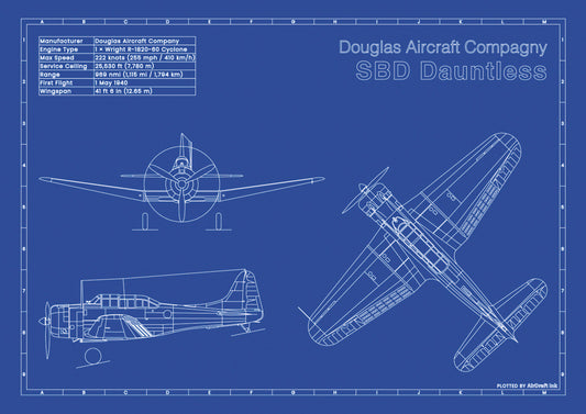 Douglas SBD Dauntless Piper technical aircraft plan drawing in blueprint style, aviation wall art poster gift for aircraft enthusiasts and pilots.