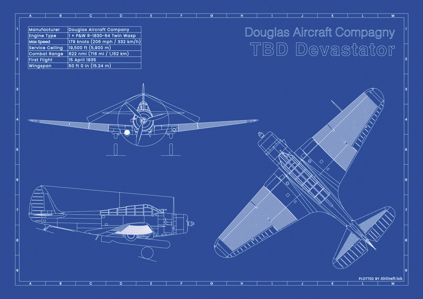 Douglas TBD Devastator technical aircraft plan drawing in blueprint style, aviation wall art poster gift for aircraft enthusiasts and pilots.