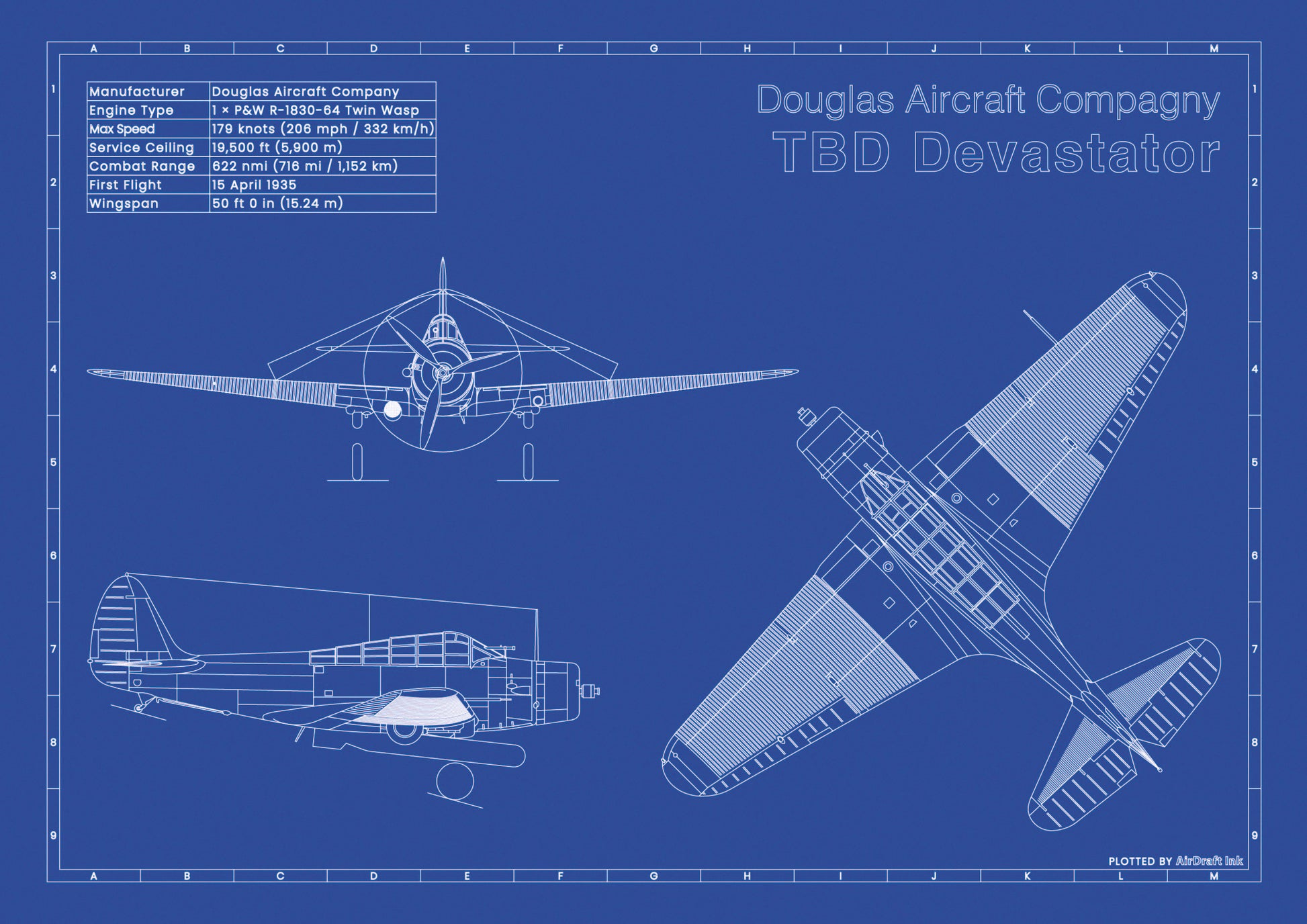 Douglas TBD Devastator technical aircraft plan drawing in blueprint style, aviation wall art poster gift for aircraft enthusiasts and pilots.